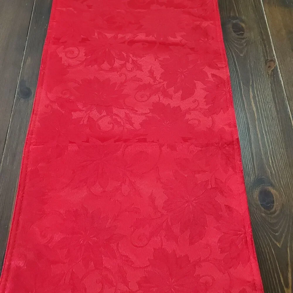 Table Runner Red Sateen Jacquard Poinsettias 2-sided 70x13